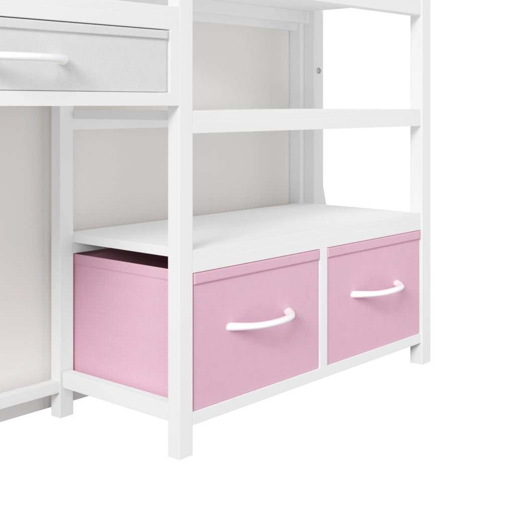 Letto a soppalco ULEVR 90x200 cm con scrivania, ripiani, cassetti in tessuto e LED multicolore, bianco