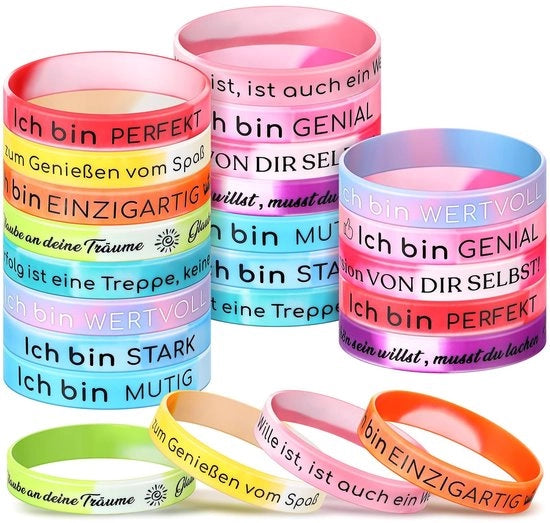 Bracciali motivazionali in silicone - 24 pezzi - Slogan ispiratori - Energia positiva - 20,3 cm - Bracciale motivazionale