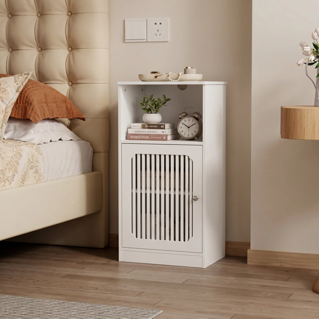 Armadietto da bagno con porta a lamelle e vano aperto, per bagno, in MDF e truciolare, bianco, 95.3 × 37.3 × 10.5 cm