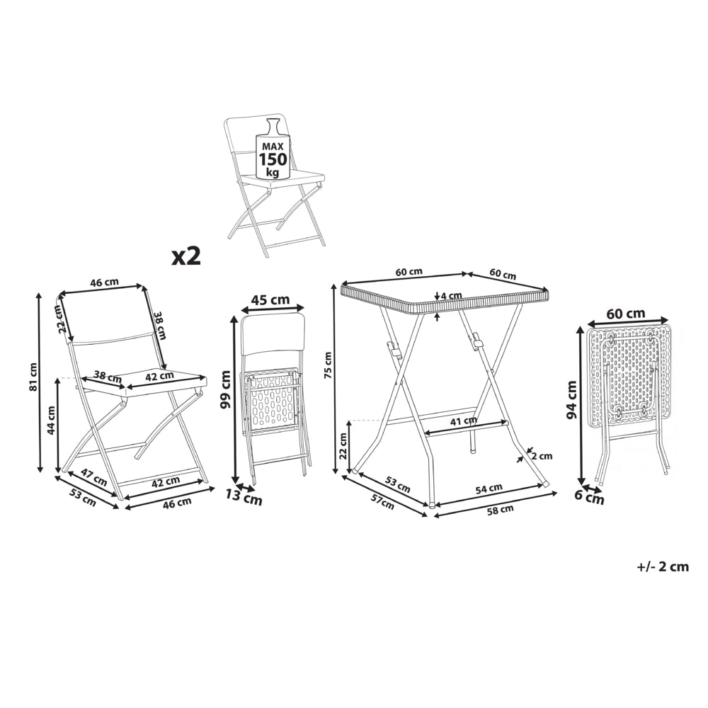 Set da bistrot con tavolo e 2 sedie Seduta e schienale in materiale sintetico Gambe in acciaio Pieghevole Resistente alle intemperie Nero