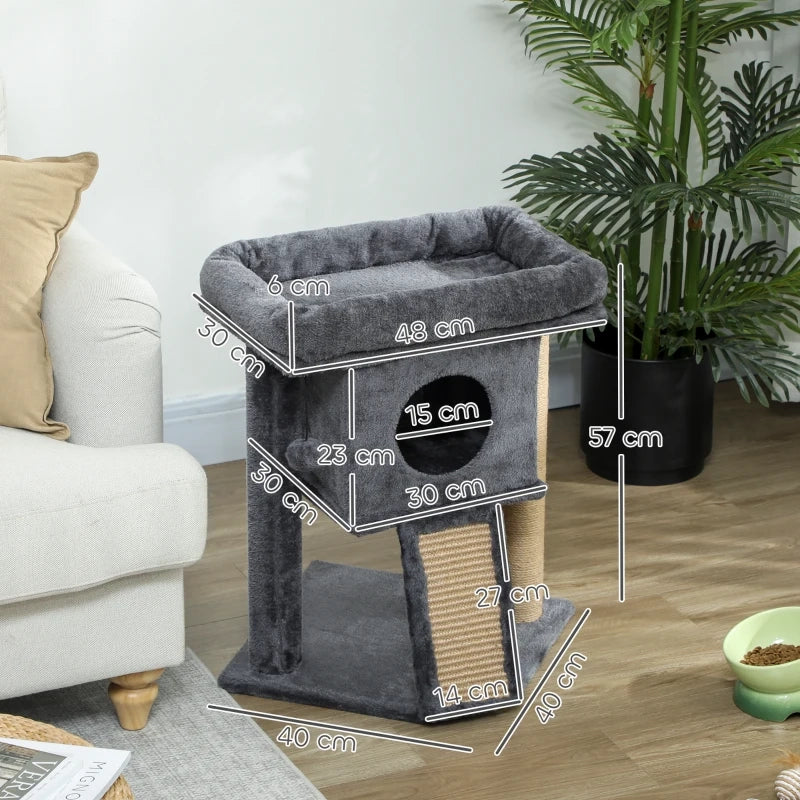 Albero tiragraffi per gatti con piattaforma, cuccia e pallina, 40 x 40 x 57 cm, grigio scuro