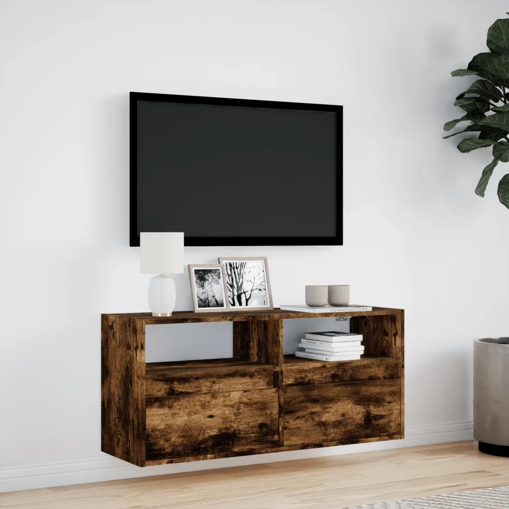 Mobile TV a Parete con Luci LED Rovere Fumo 100x31x45 cm 852338
