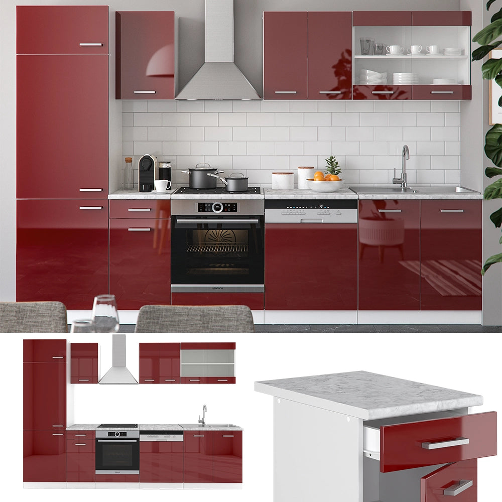 Vicco Cucina componibile Rosso lucido/bianco 300 cm , PL Marmo