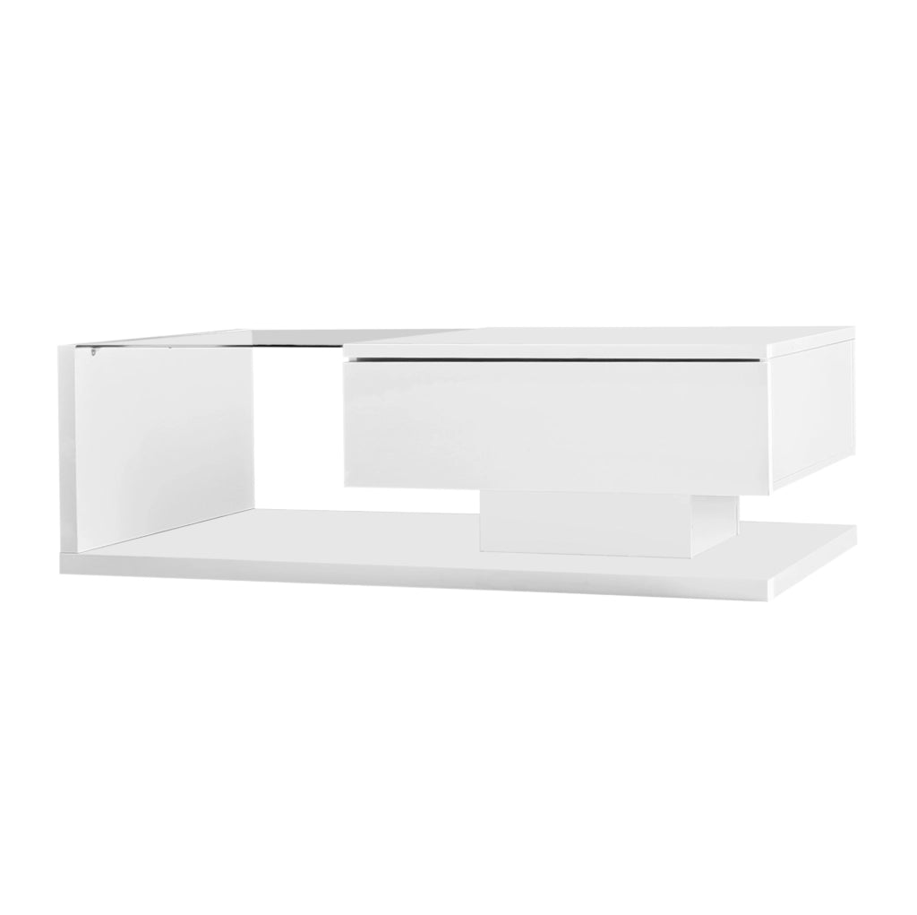Tavolino da salotto moderno 105x55x32;5 cm in truciolare bianco lucido con LED e vetro temperato