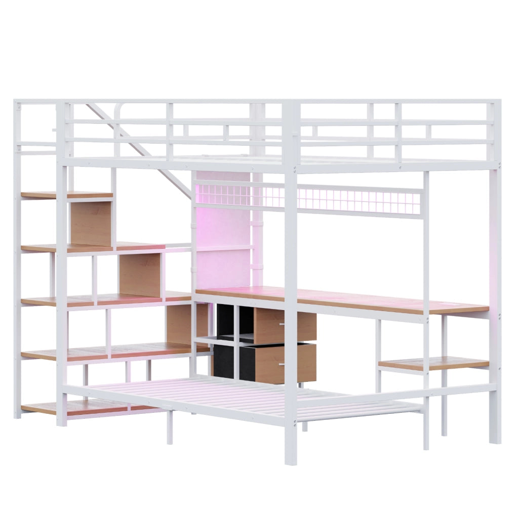Letto a castello 140x200 cm bianco metallo e MDF con scrivania e letto 90x200
