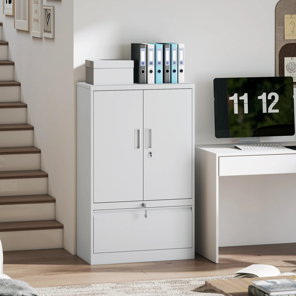 Mobile da Ufficio in Acciaio con Ripiano Interno Regolabile e Cassetto, 80x40x130 cm, Bianco
