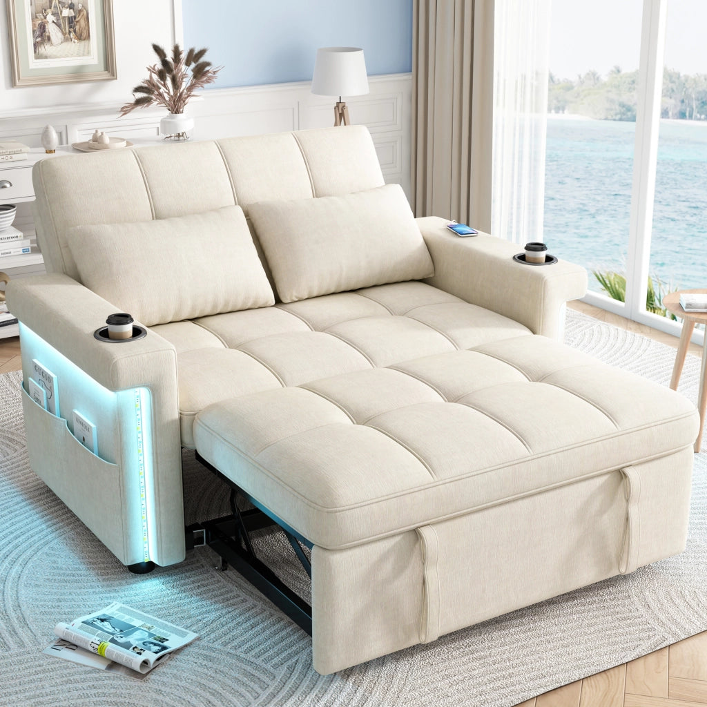 Divano letto 2 posti - con schienale regolabile; LED; USB e portabicchieri - in chenille beige