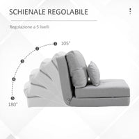 Poltrona Letto 3 in 1 Convertibile in Chaise Longue e Divano da Terra con 2 Cuscini in Tessuto Effetto Lino Grigio