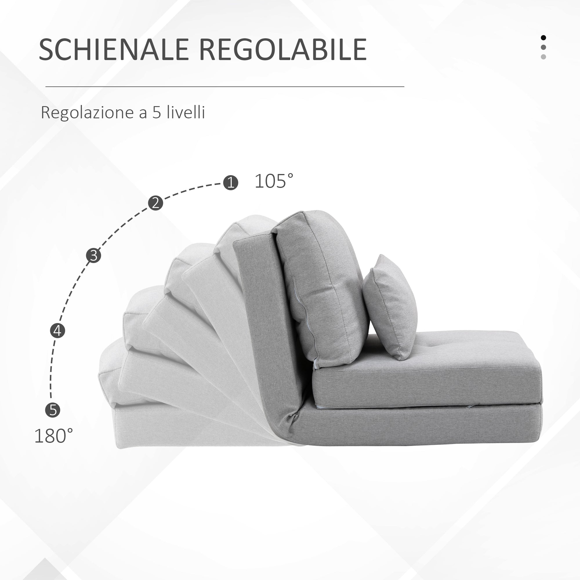 Poltrona Letto 3 in 1 Convertibile in Chaise Longue e Divano da Terra con 2 Cuscini in Tessuto Effetto Lino Grigio