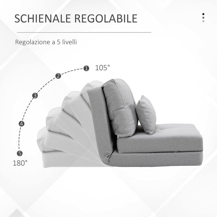 Poltrona Letto 3 in 1 Convertibile in Chaise Longue e Divano da Terra con 2 Cuscini in Tessuto Effetto Lino Grigio
