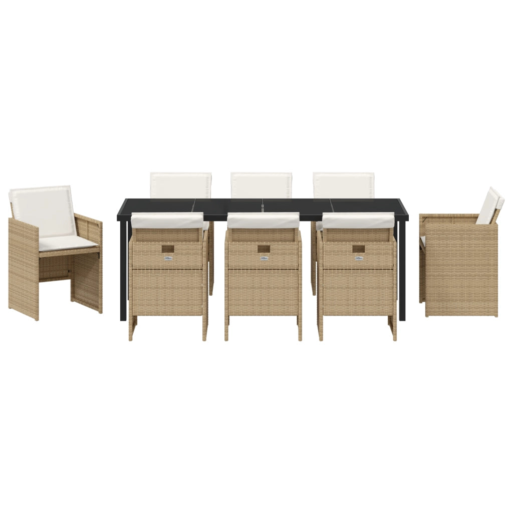 Set da Pranzo da Giardino 9 Pezzi con Cuscini Beige Rattan Poliestere
