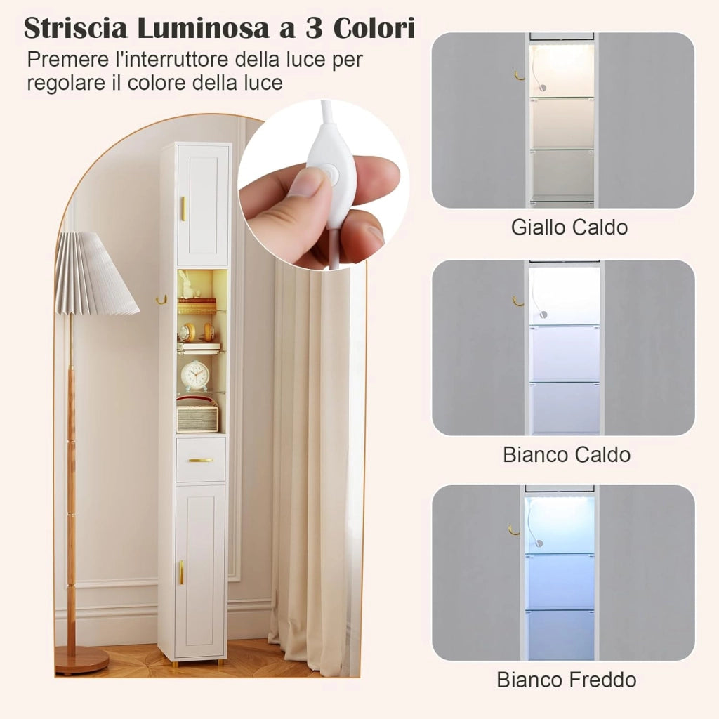 Mobile Bagno Salvaspazio con Luce, Colonna Bagno con Scomparti Aperti in Vetro, Ripiani Regolabili, 1 Cassetto e Gancio Laterale per Spazi Ridotti 20 x 20 x 181 cm (4 Ripiani con Luce, BIanco)