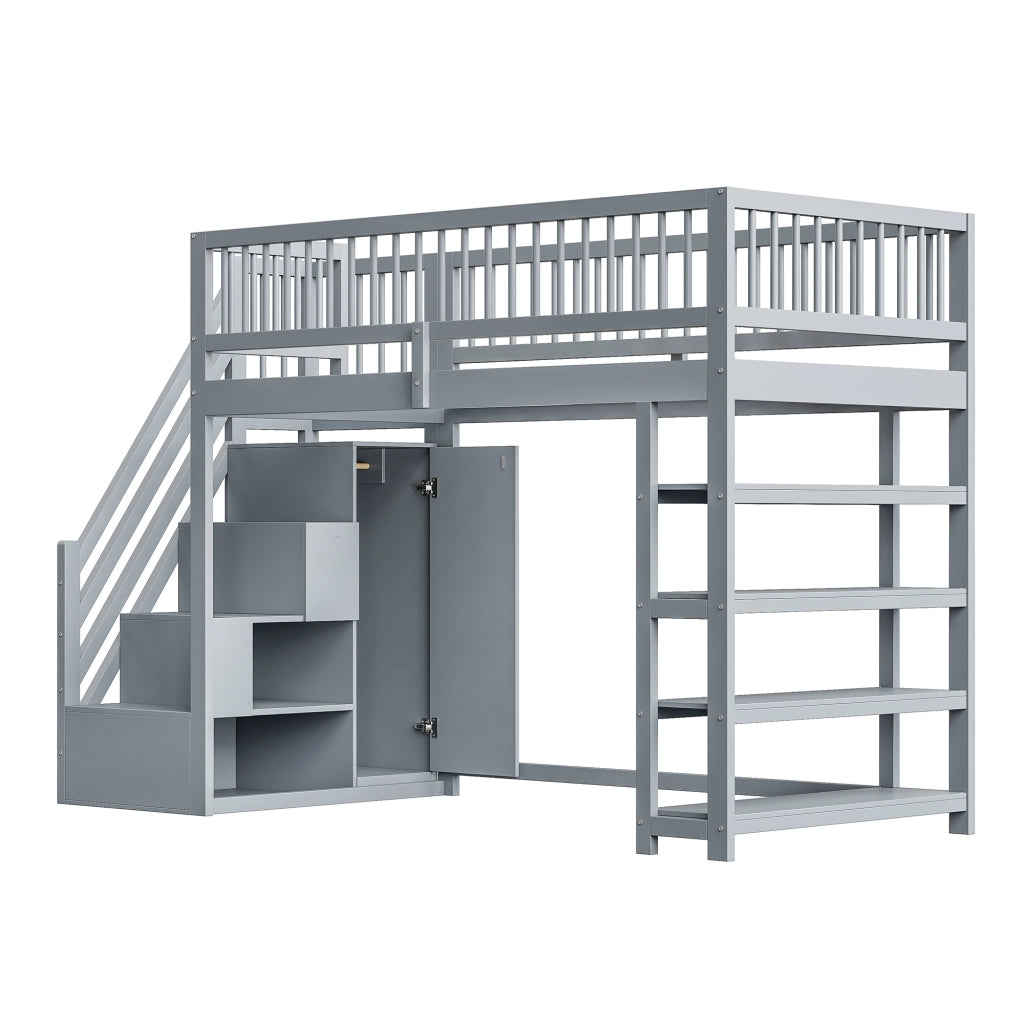 Letto a Soppalco 90 x 200 cm; Singolo con Armadio; Scaffali e Vani Contenitore; senza Materasso; Grigio