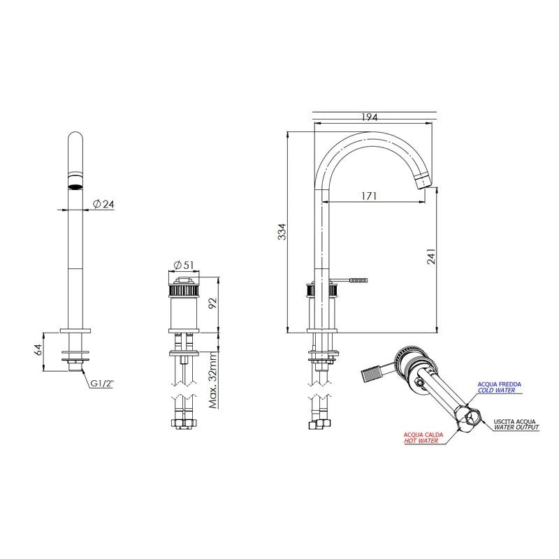 Miscelatore monocomando per lavabo a due fori, con bocca L - serie Atelier