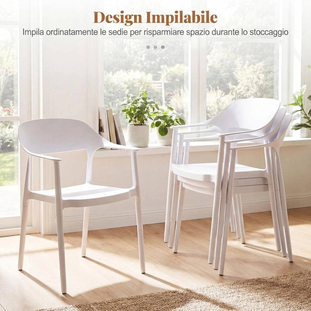 Sedia da Pranzo in Plastica, Sedia da Cucina Ergonomica con Schienale Cavo e Braccioli Comodi, Portata 150 kg, Poltrona da Tavolo Impilabile per Soggiorno, Ufficio e Sala da Pranzo (Bianco,4)
