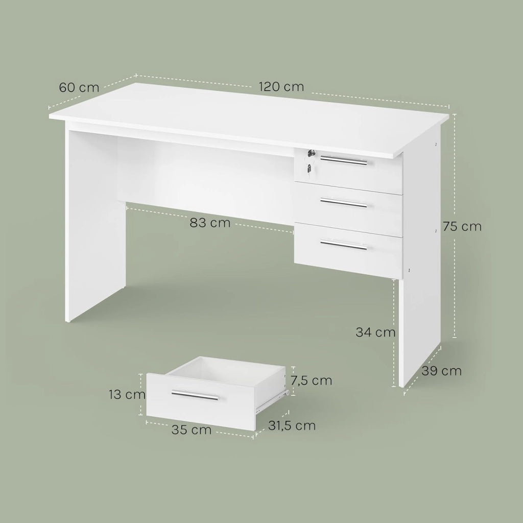 Scrivania con 3 Cassetti, 120x60 cm, Bianco, Tavolo da Lavoro, Scrivania per Computer, Porta PC in Legno