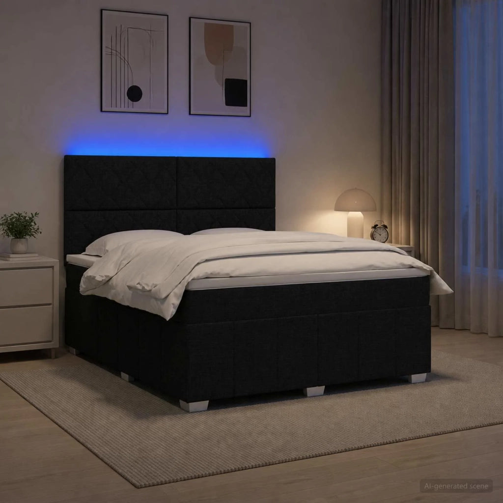 Letto Box Spring LED con Materasso Nero 140 x 190 cm Tessuto 3455607