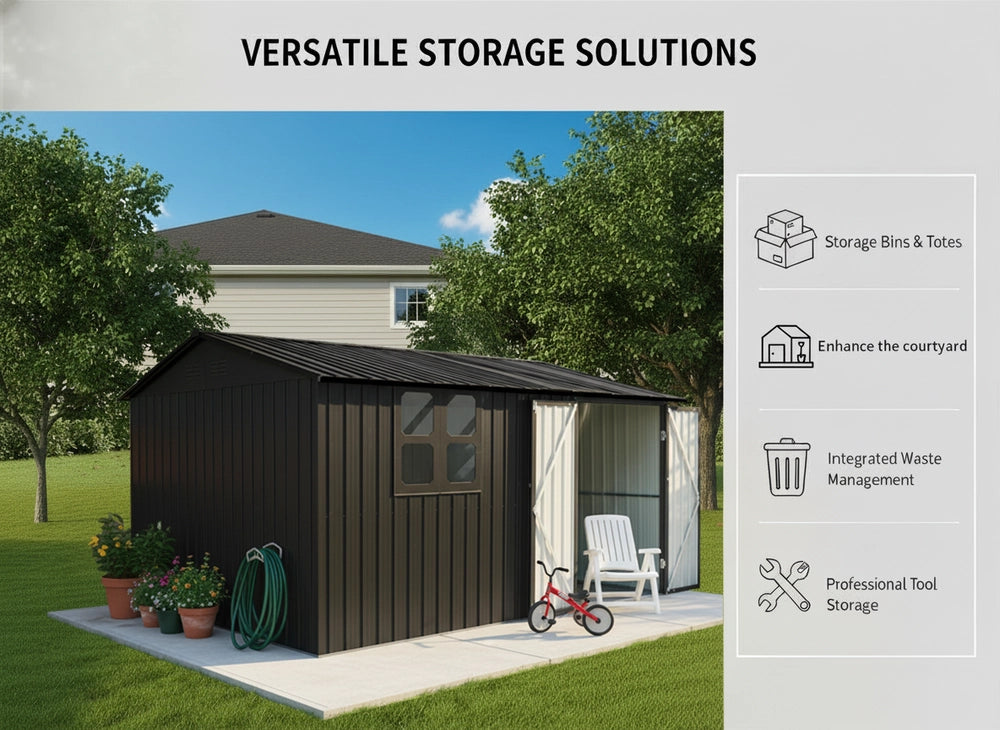 Casetta da Giardino in Metallo con Porta, Finestra e Serratura ¨C MINIMAL ¨C Nero, 362x285.5 cm