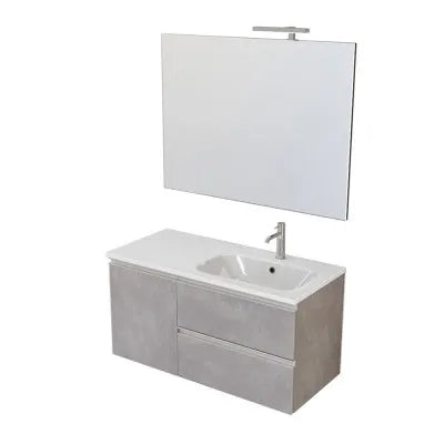 Mobile bagno sospeso 100 cm grigio cemento con cassetti e anta completo di lavabo a destra e specchio Master