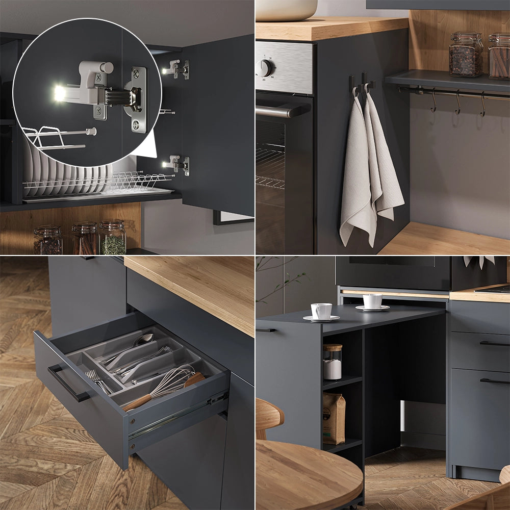 Vicco Cucina singola Antracite 160 cm con tavolo allungabile con striscia LED