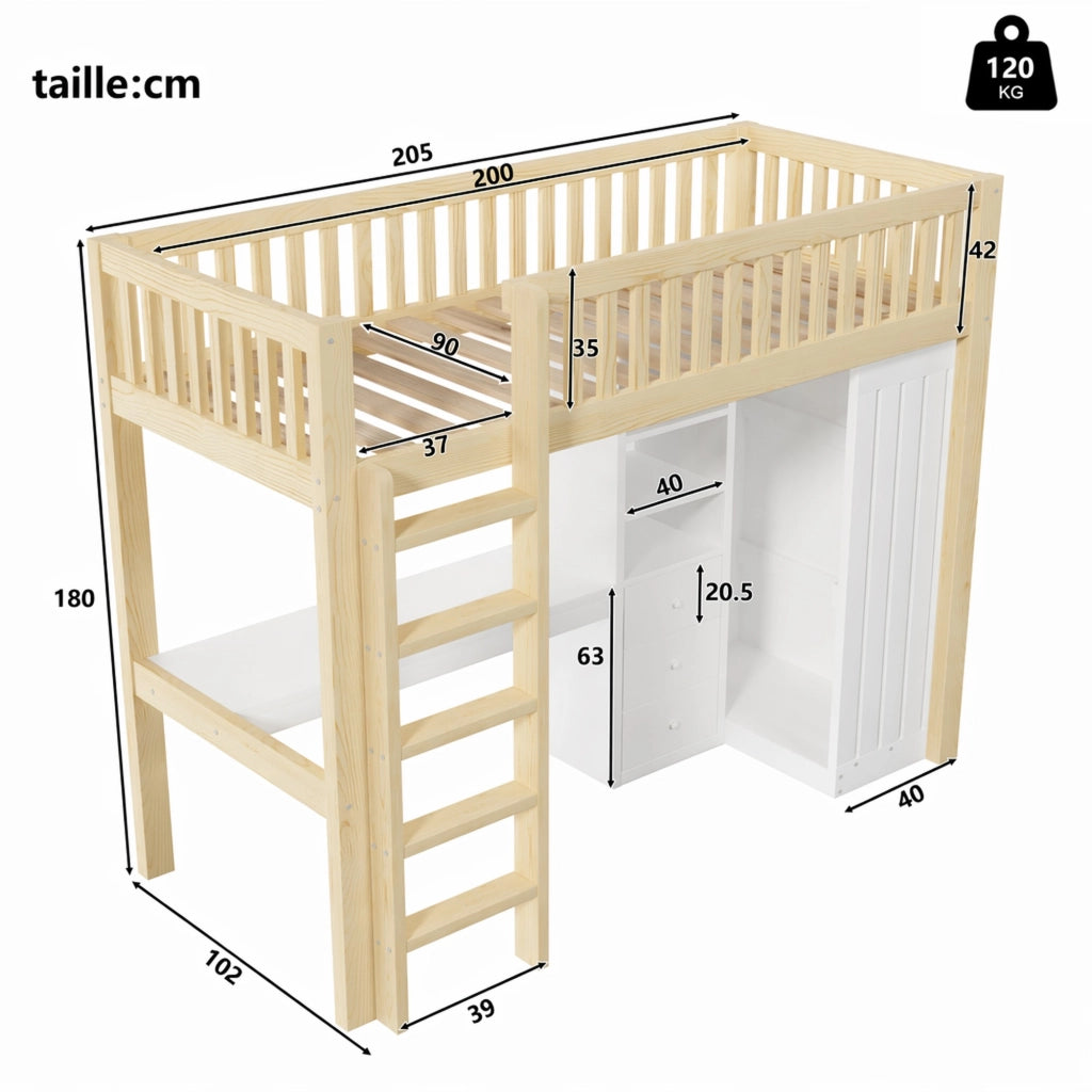 DESMIU Letto a Soppalco 90 × 200 cm 1 Posto con Scrivania, Armadio, 3 Cassetti e Scala, Senza Materasso, Naturale
