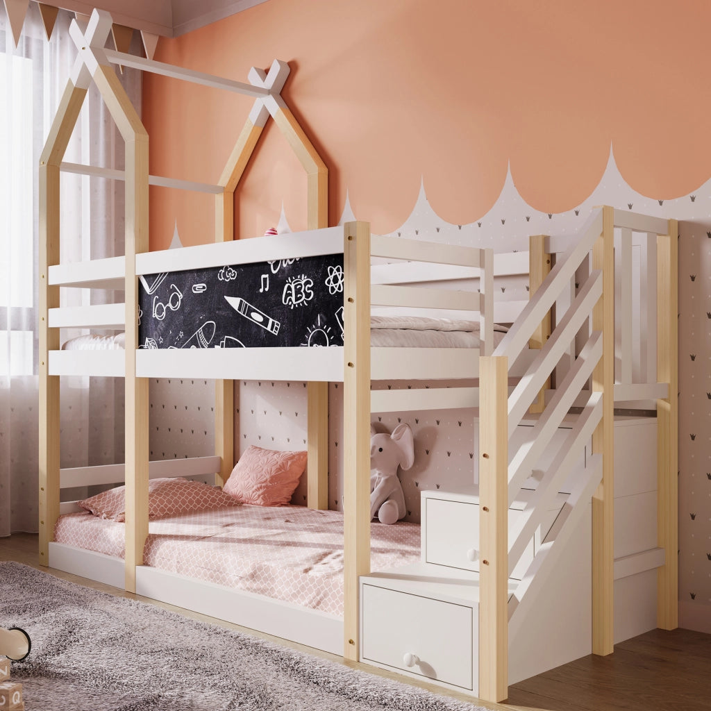 Letto a castello per bambini 90x200 cm con design baita, lavagna frontale e scale contenitore, bianco