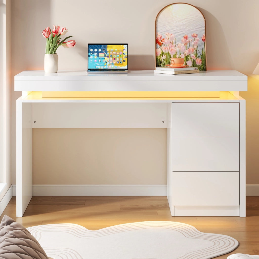 Scrivania con LED multicolore, 3 cassetti e piano ampio, per home office, in MDF bianco, 120 × 50 × 78,5 cm