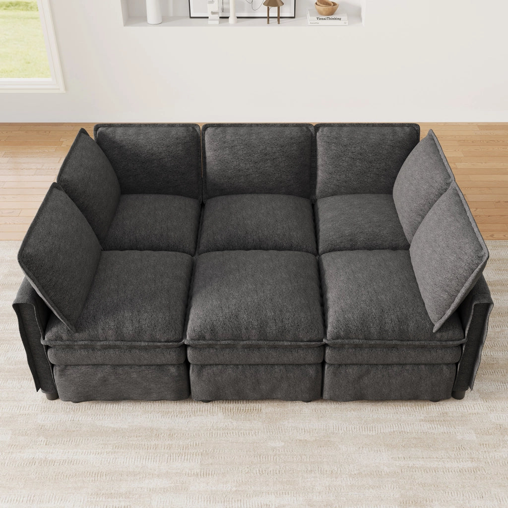 Divano modulare XXL 6 posti con funzione letto e pouf mobile componibile a U o L in chenille grigio 344 × 127 × 91 cm