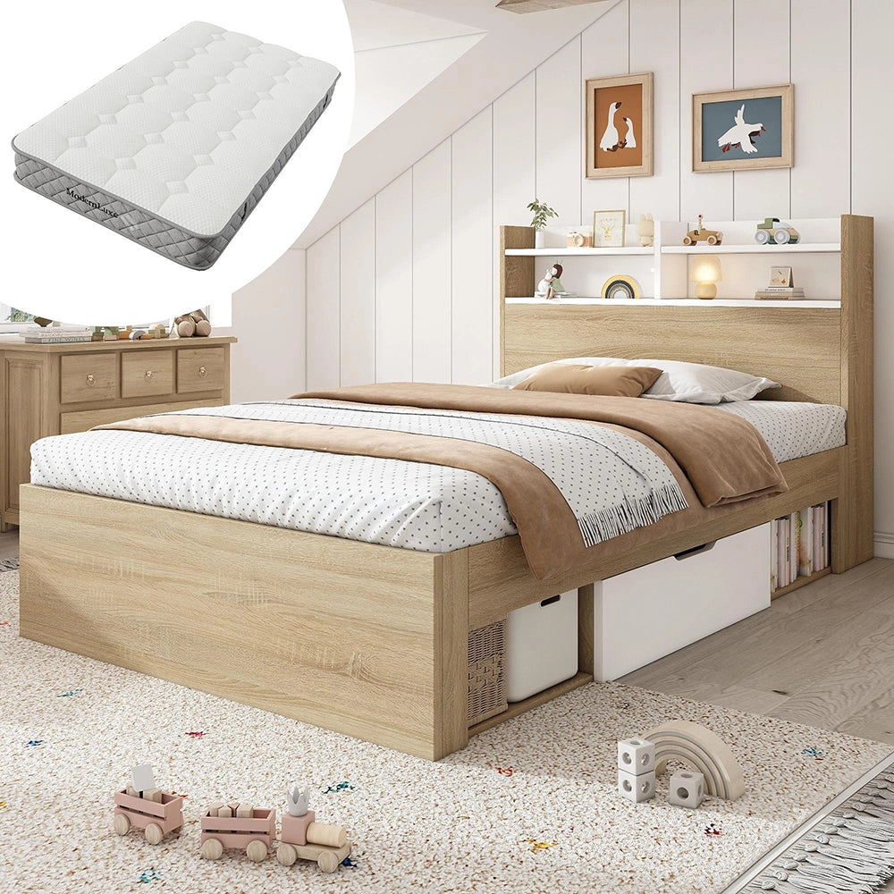 Letto legno-Xylo-90x200cm bianco/rovere 2 tiroir ripiani con materasso