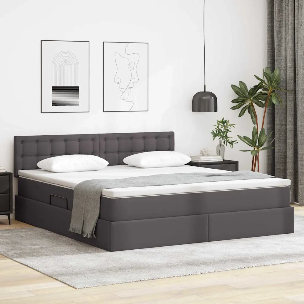 Letto con contenitore e LED Grigio 160 x 200 cm Pelle Sintetica