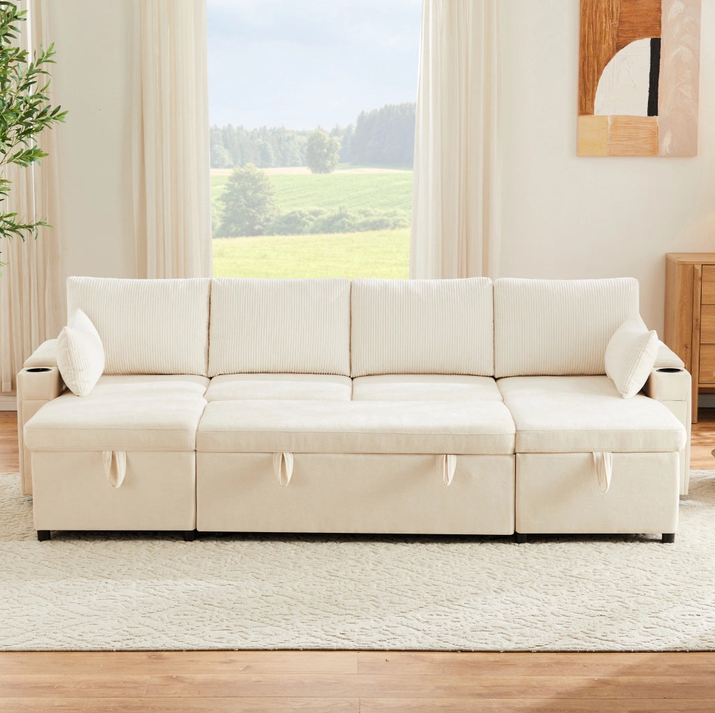 Divano letto modulare ULEVR a U 272x131x84 cm, 4 posti, con contenitore e portabicchieri, beige