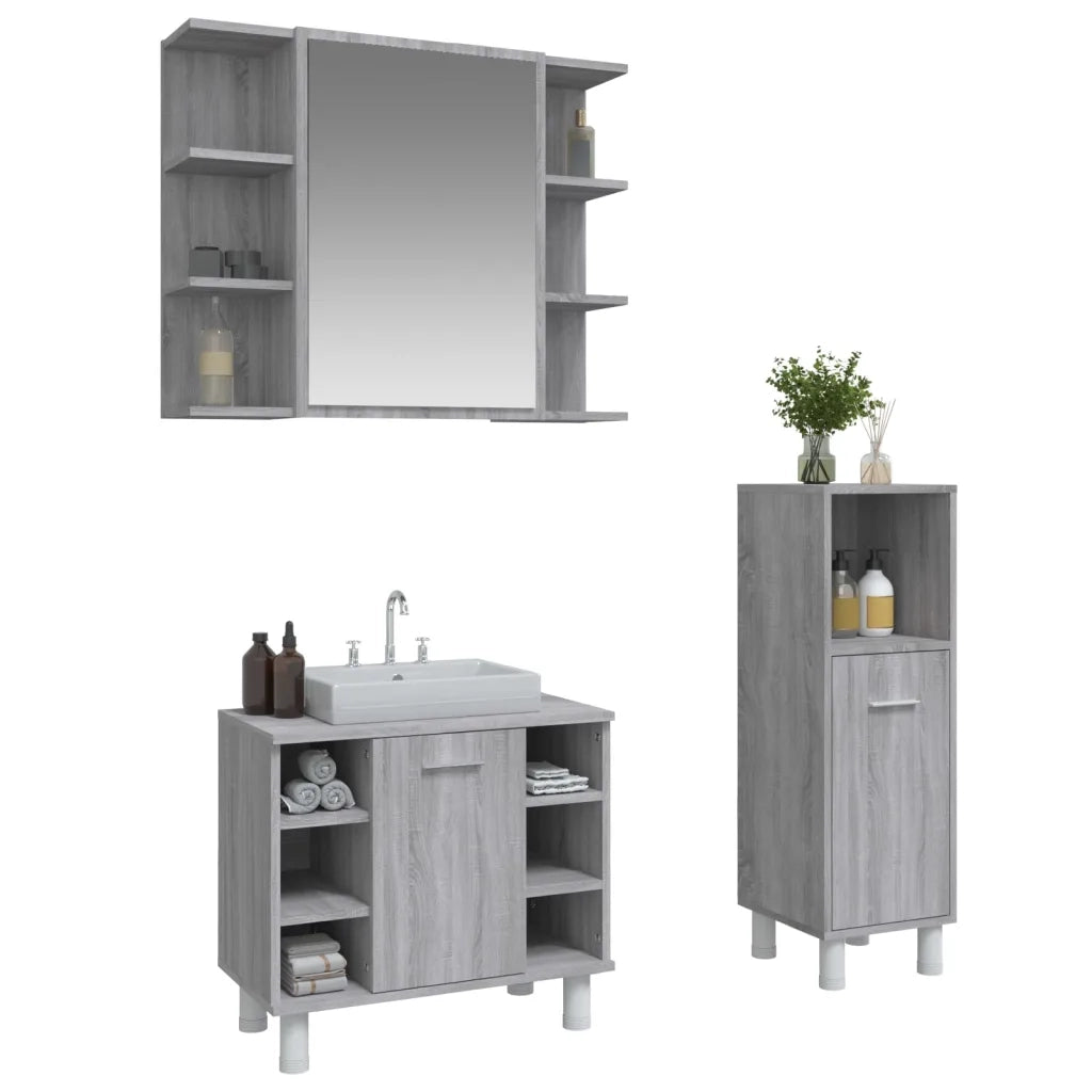 Set Mobili da Bagno 3 pz Grigio Sonoma in Legno Multistrato 3187610