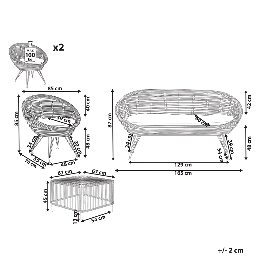 Set di divani a 4 posti in rattan naturale beige chiaro con cuscini in cotone con tavolino per interni e per esterni stile bohémien giardino balcone.