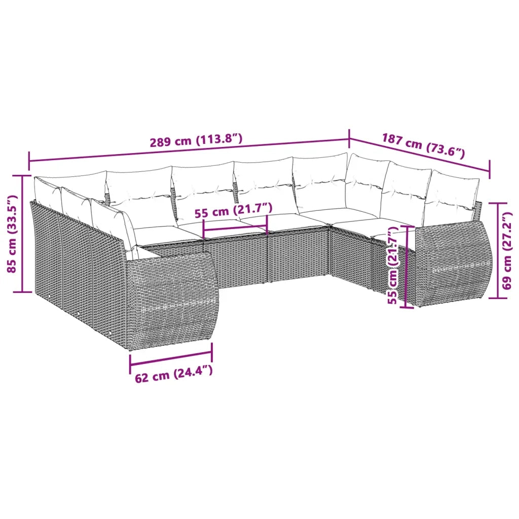 Set Divano da Giardino 9pz con Cuscini Grigio Chiaro Polyrattan