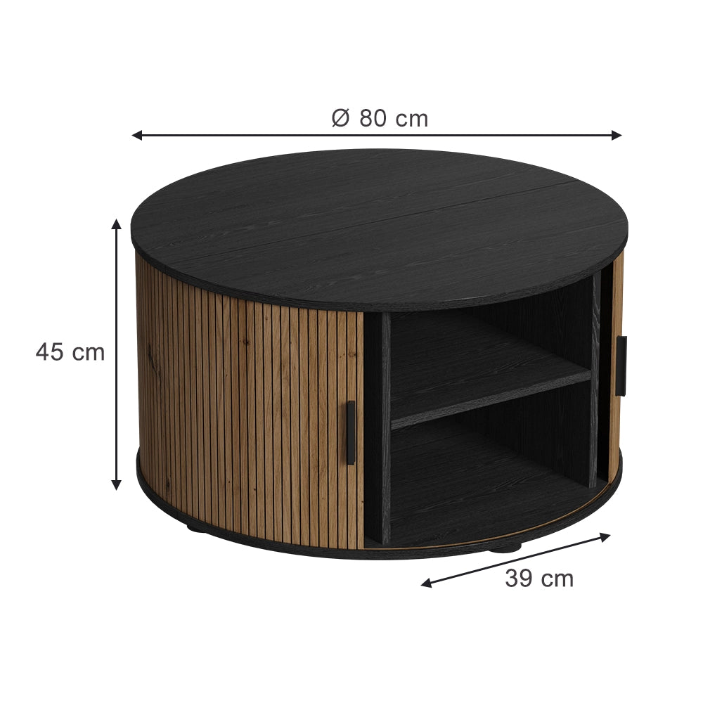 Tavolino soggiorno Selva Rovere/Nero 80 x 80 cm con porta scorrevole Vicco