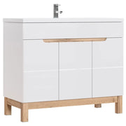 Mobile sotto lavabo ERMANO – Rovere chiaro e bianco lucido – 100x84 cm – 3 porte – Da appoggiare