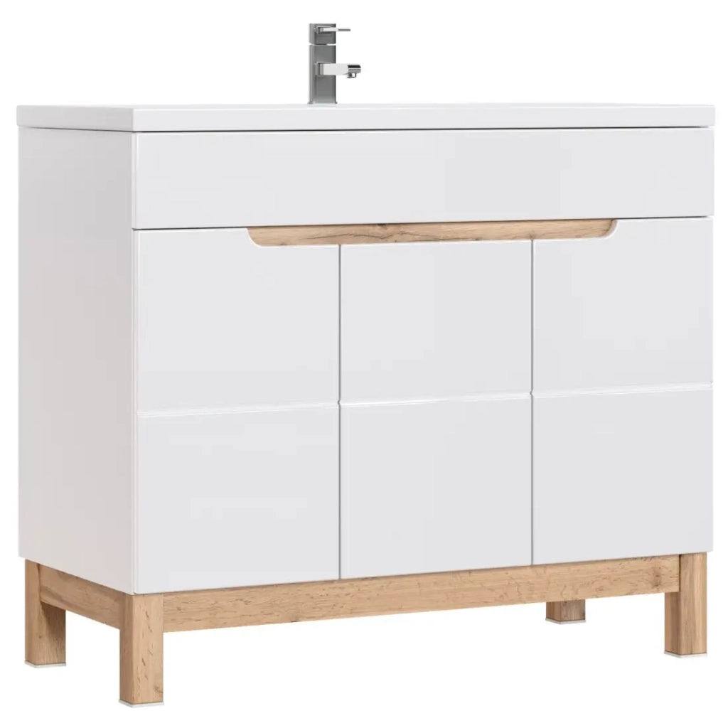Mobile sotto lavabo ERMANO – Rovere chiaro e bianco lucido – 100x84 cm – 3 porte – Da appoggiare