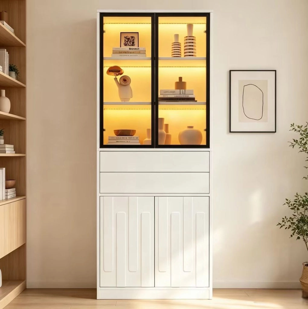 Vetrina alta ULEVR 70x34x180 cm con 4 ante, 2 cassetti, LED Bluetooth e ripiano regolabile, bianca