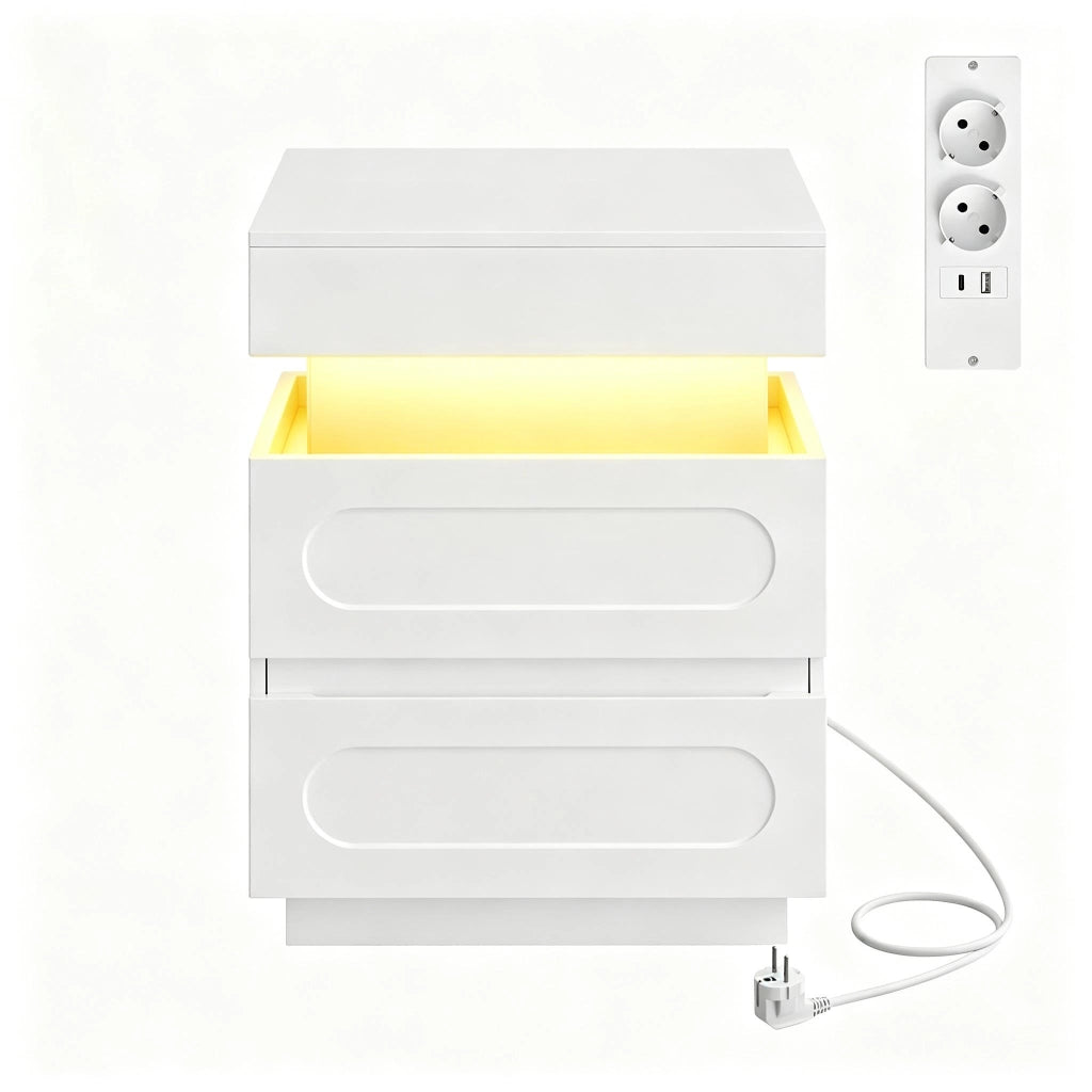 Comodino con 2 cassetti, vano nascosto e LED, con stazione di ricarica, per camera da letto, bianco, 45 × 58 × 40 cm