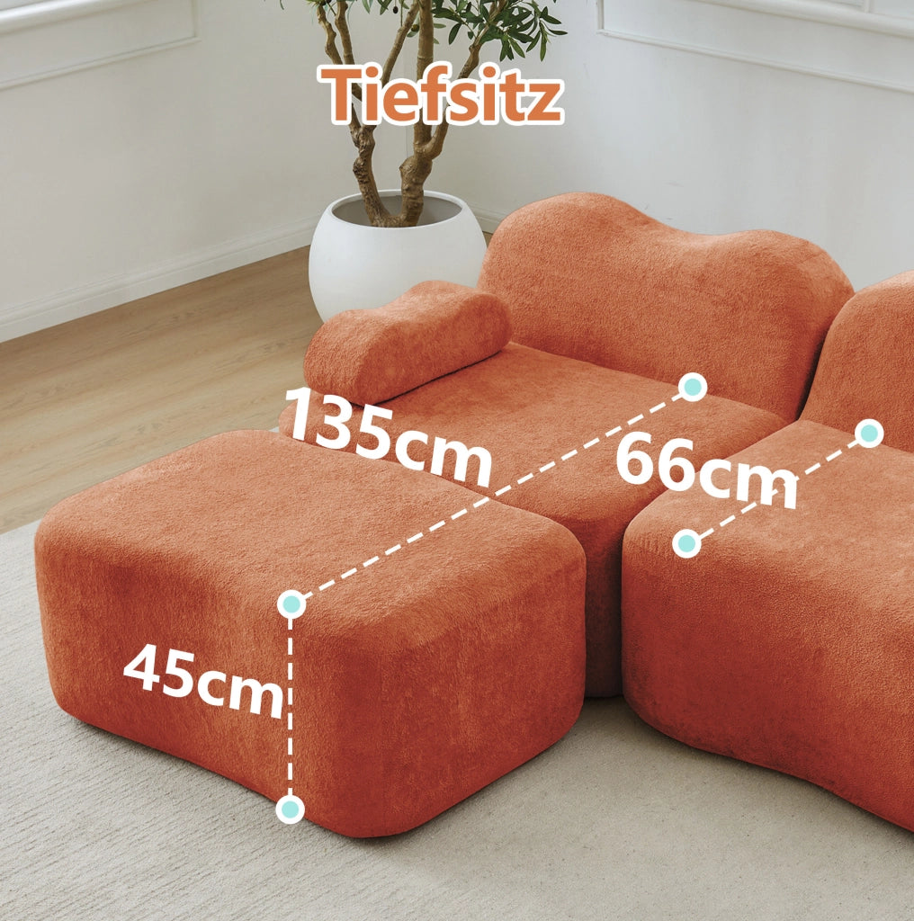 Divano angolare modulare 2 posti con pouf; 192x167x70 cm in velluto arancione