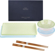 Set di Sushi Giapponese in Stile Nippon Nero - 2 Piastre - 2 Bicchieri per Dipingere - 2 Paia di Stuzzichi da Cibo - Scatola Regalo - Set di Regalo Sushi - 6 Pezzi - Verde Blu