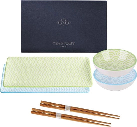 Set di Sushi Giapponese in Stile Nippon Nero - 2 Piastre - 2 Bicchieri per Dipingere - 2 Paia di Stuzzichi da Cibo - Scatola Regalo - Set di Regalo Sushi - 6 Pezzi - Verde Blu