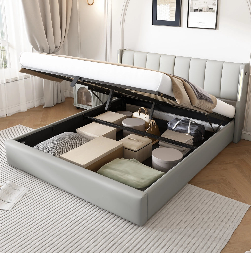 Letto imbottito 180x200 cm con LED, USB ricaricabile e vano contenitore