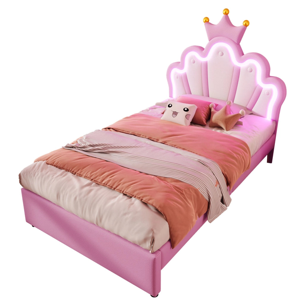 Letto imbottito 90x200 cm; testiera regolabile e luci LED; PU rosa (Senza materasso)