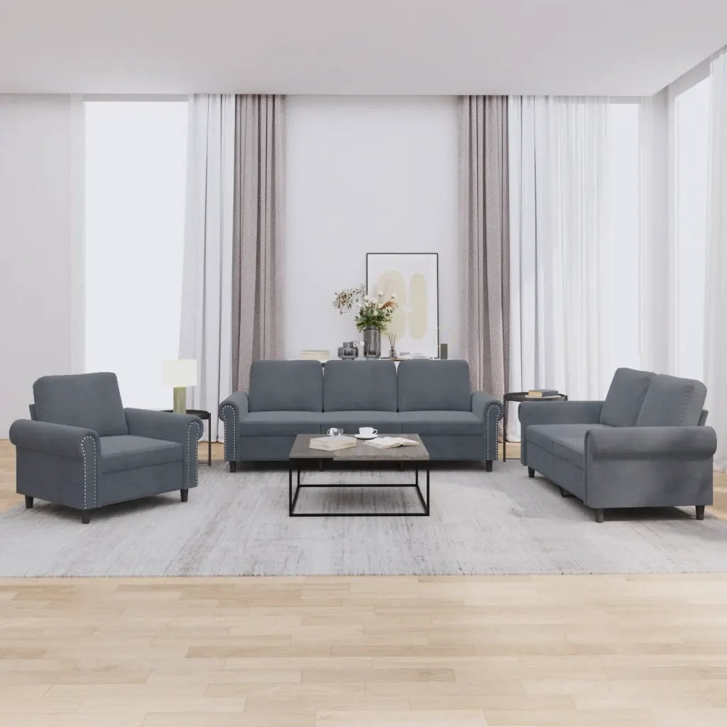 Set di Divani 3 pz con Cuscini Grigio Scuro in Velluto