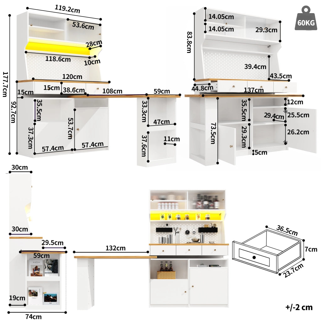 Credenza alta da cucina con piano estraibile e LED; mobile contenitore in MDF per cucina e sala da pranzo; 137×45×178 cm