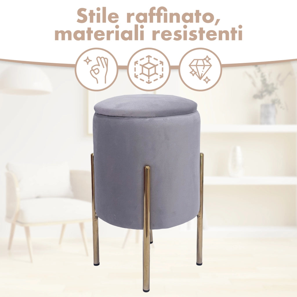 Pouf Contenitore in Velluto Moderno con Gambe Oro – Poggiapiedi Salvaspazio, Sgabello Arredo Elegante 30x45 cm per Soggiorno e Camera Grigio