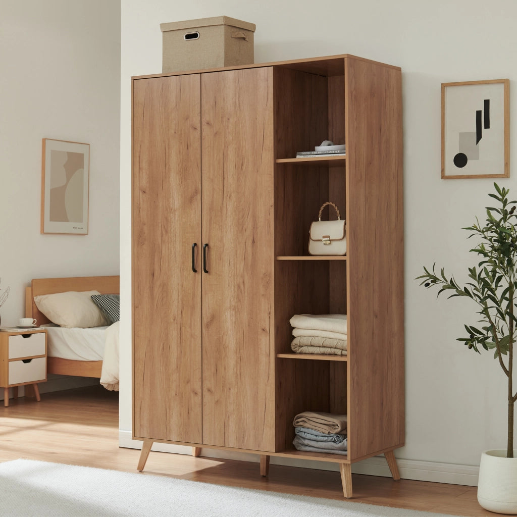 Armadio Guardaroba Norg con 2 Ante e 8 Scomparti 191x120x52 cm - Effetto Rovere [en.casa]