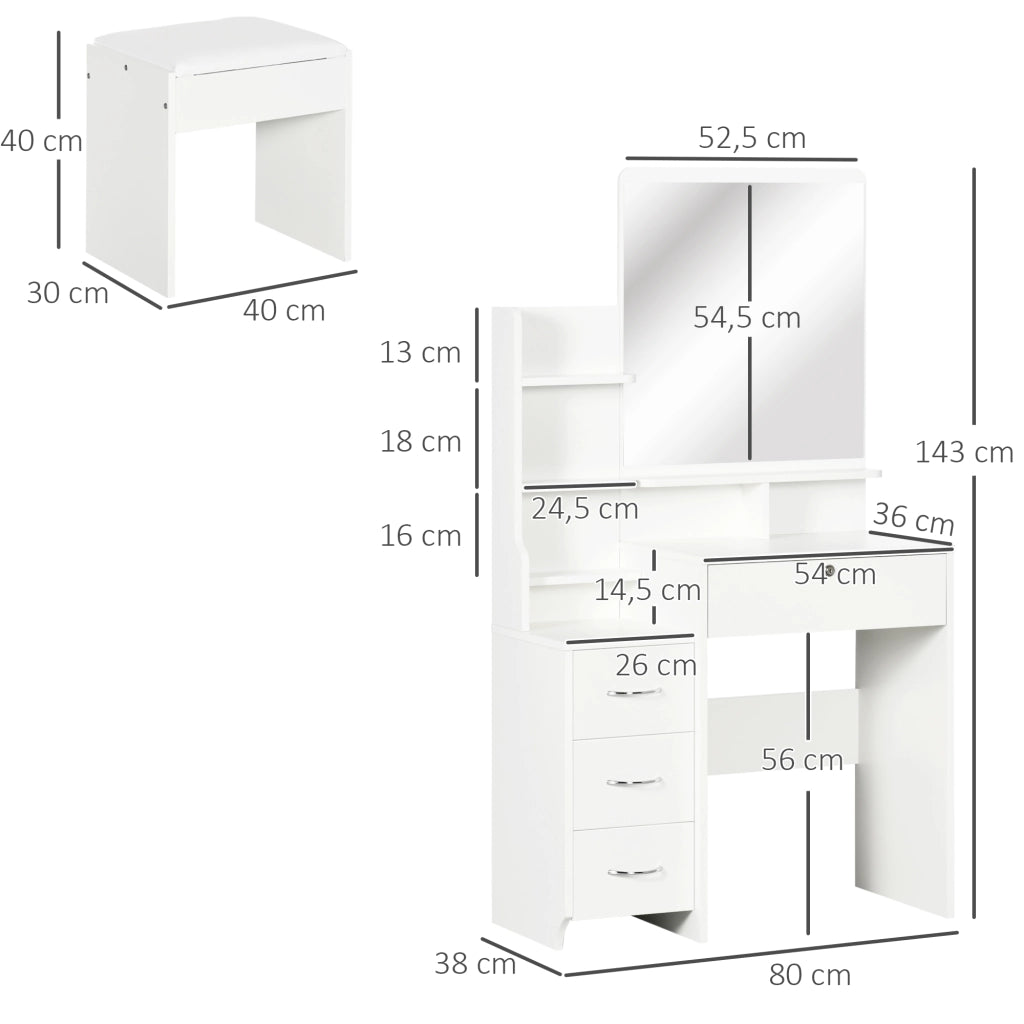 Scrivania da trucco con sgabello imbottito, specchio grande, ripiani aperti e 4 cassetti ¨C zephmum ¨C bianco