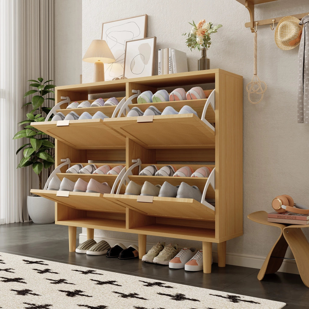 Scarpiera con 4 ante a ribalta in rattan e effetto rovere, per ingresso, con maniglie in legno, 100 × 25 × 90 cm
